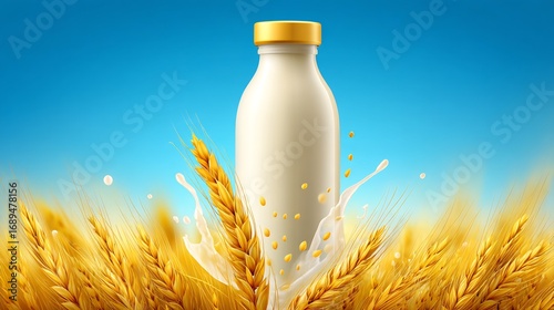 Creamy Bottle Surrounded by Golden Wheat: A Natural, Nutritious and Delicious Dairy Drink Concept for a Healthy Lifestyle