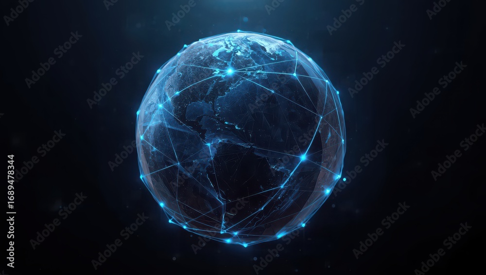 Obraz premium Dynamic global network connecting the world with glowing blue digital data streams