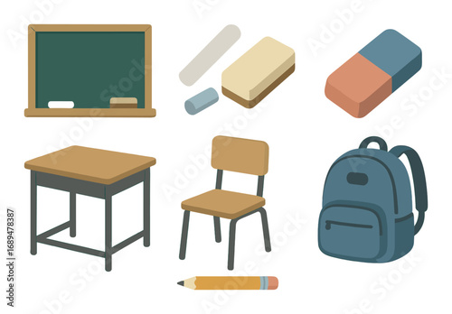 Classroom essentials: desk, chair, chalkboard, chalk, eraser, backpack, pencil