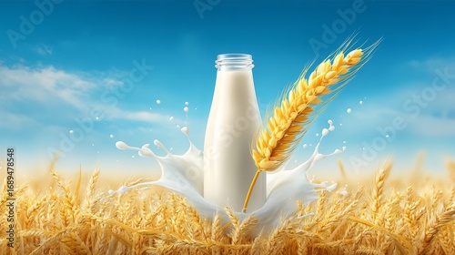Dairy Alternative: A Bottled Beverage with Wheat Spike in a Field with a Sunny Blue Sky, Representing a Healthy Dietary Choice.