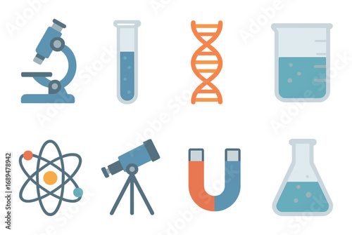 Science icons: microscope, test tubes, dna, atom, telescope, magnet, beaker