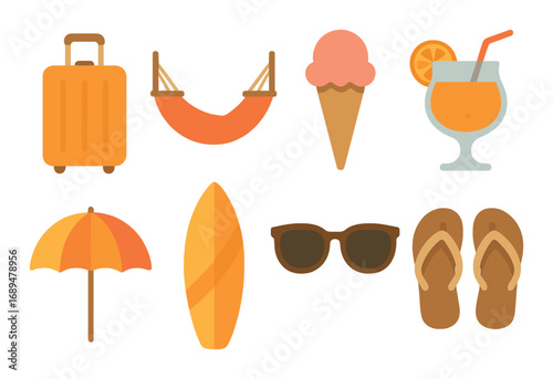 Summer vacation symbols: luggage, hammock, ice cream, cocktail, umbrella, surfboard, sunglasses, sandals