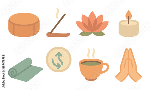 Relaxing wellness icons: drum, incense, lotus, candle, yoga mat, meditation, tea, hands
