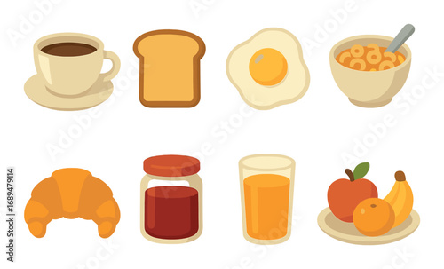 Breakfast variety: coffee, toast, eggs, cereal, croissant, jam, juice, fruit