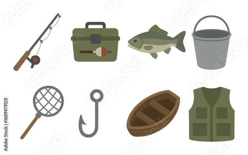 Fishing gear icons set with rod, tackle box, fish, and boat