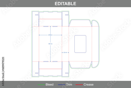 Mailer box with hook dieline template, custom dimensions folding carton packaging structure for retail display and shipping packaging including detailed die line