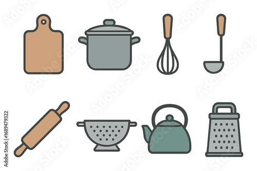 Kitchen utensil icons featuring cutting board, pot, whisk, ladle, rolling pin, colander, kettle, grater