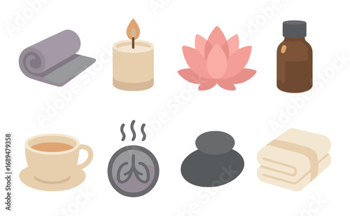 Relaxation essentials: candle, lotus, tea, blanket, towel, aroma bottle, stones, steam