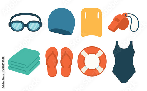 Neon swimming gear: goggles, cap, kickboard, whistle, towel, flip-flops, lifebuoy, swimsuit