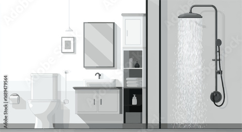 Modern bathroom interior design with shower running sink and toilet with gray tones