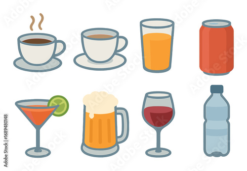 Variety of beverage icons featuring coffee, juice, soda, cocktail, beer, wine, and water