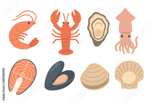 Seafood variety: shrimp, lobster, squid, oyster, salmon, mussel, clam, scallop illustration