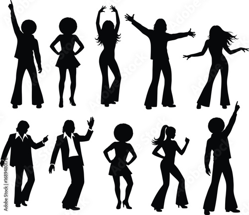Set of Black Silhouettes of People Dancing in 1970s Retro Disco Style