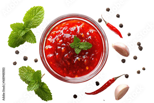 Red sauce in a glass bowl, garnished with fresh mint, chili peppers, and peppercorns