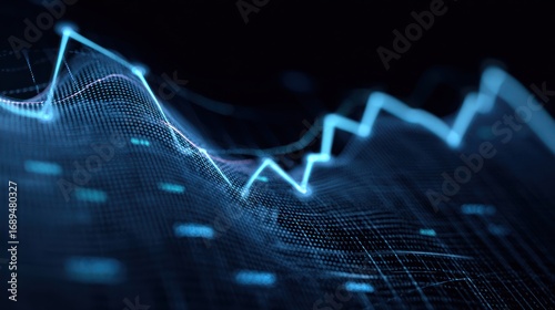 Abstract blue graph line data on a dark background with a depth of field effect
