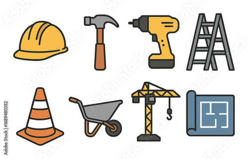 Construction tools and equipment icons - hammer, drill, hard hat, ladder, crane