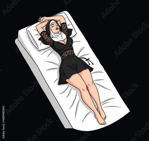 Beautiful Pin-up Nun in Sexy Lace Lingerie Sleeping Peacefully on a Bed