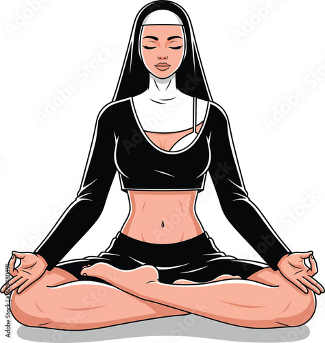 Modern Vector Illustration of a Sexy Nun in a Crop Top Meditating in a Yoga Lotus Pose
