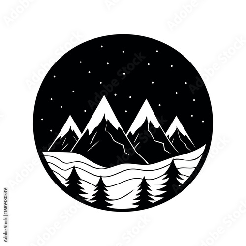 Minimalist Black and White Mountain Scene within a Circular Frame, Night Sky