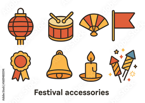 Festive accessories icons: lantern, drum, fan, flag, medal, bell, candle, fireworks