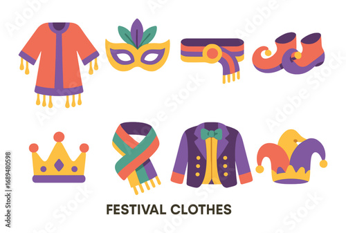 Colorful festival clothes and accessories collection with masks and costumes