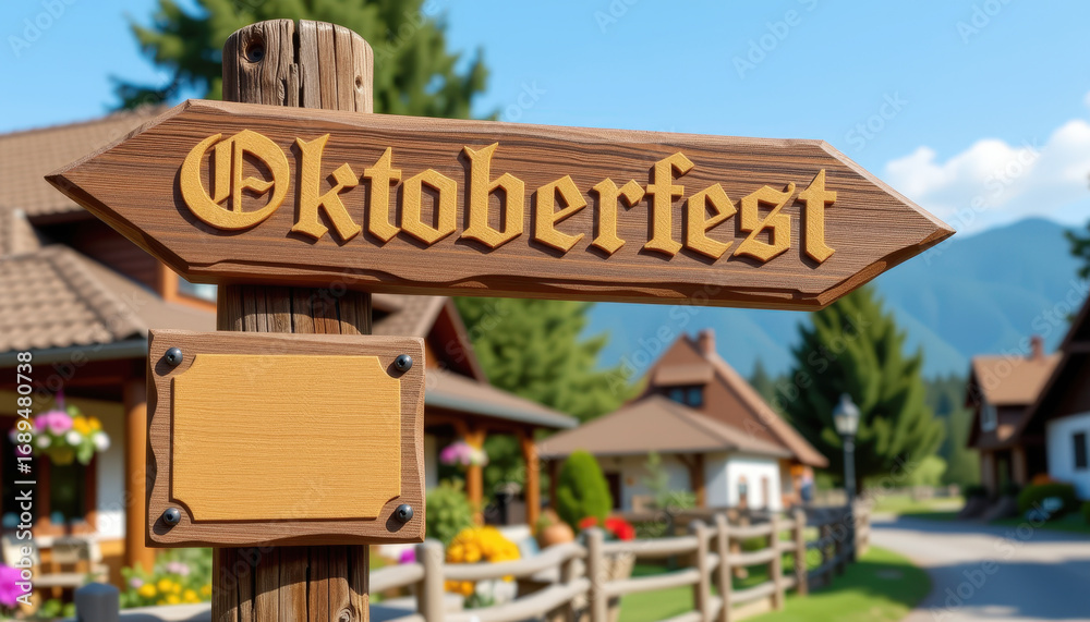Obraz premium Oktoberfest 3D clay background. Wooden signpost pointing towards Oktoberfest, surrounded by charming houses and scenic mountains under a clear blue sky.