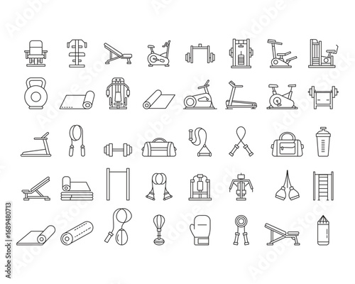 Set of Fitness Equipment Icon Vector Template with Line Art Style. Arm, Barbell, dumbbell, fitness, gym icon, weight and more symbol
