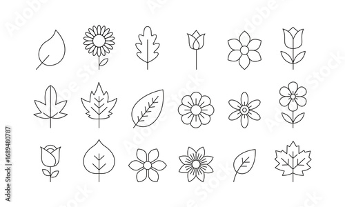 Flowers icon set line art symbol