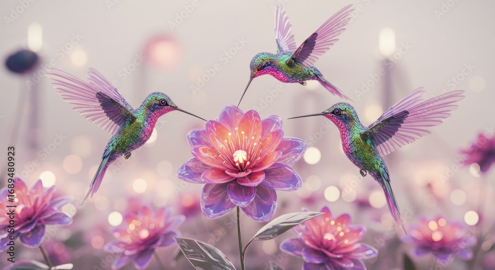 Fototapeta premium Hummingbirds and flowers in pastel colors
