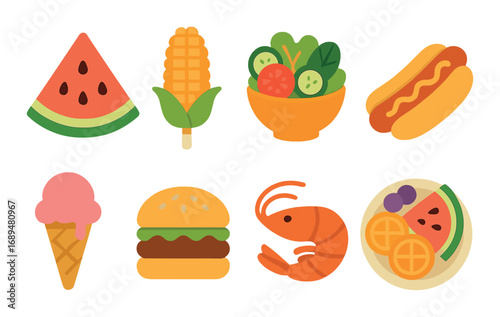 Colorful food icons featuring watermelon hot dog ice cream burger and more
