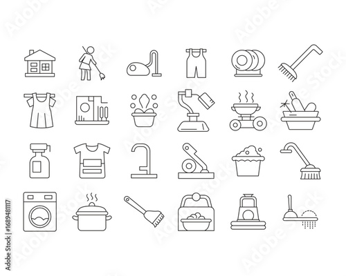 House cleaning icon set. Brush, broom, bucket, cleaner, detergent, dirty, hygiene, spray, towel, water symbol line art style design