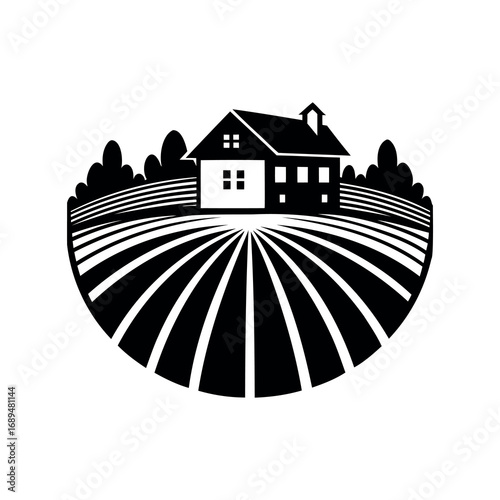 Rural landscape with house, farm fields, trees, in a simple black illustration