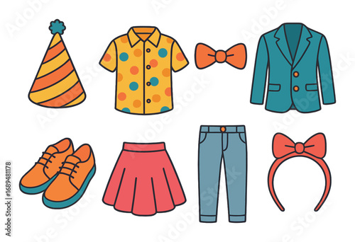 Colorful party clothing and accessories collection with shirt, blazer, skirt, and shoes