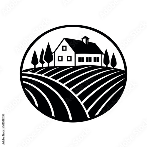 Monochrome Farmhouse Landscape in a Circular Frame with Agricultural Fields