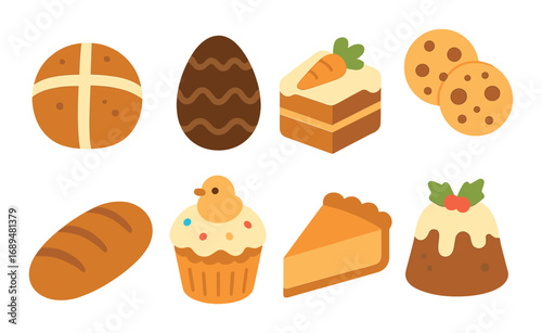 Easter-themed desserts: bread, eggs, carrot cake, cupcakes, cookies, pie, pudding