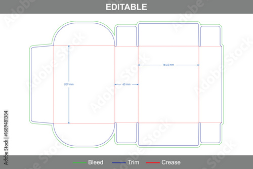 Tuck end box with arc overlap lids dieline for creative packaging design, professional folding carton artwork prepared with clean and accurate die line