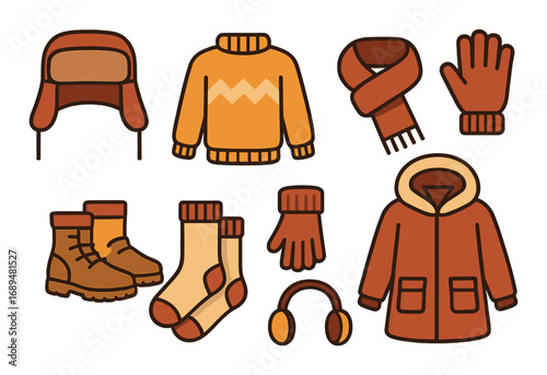 Illustrated collection of cozy winter clothing including jacket, sweater, hat, and boots