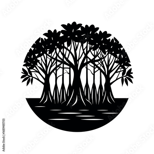 Monochrome circular depiction of a mangrove forest with roots and water