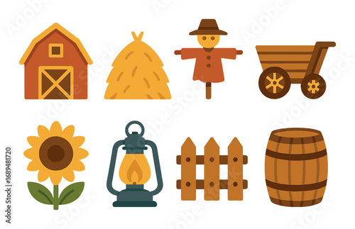 Farm icons: barn, haystack, scarecrow, wagon, sunflower, lamp, fence, barrel