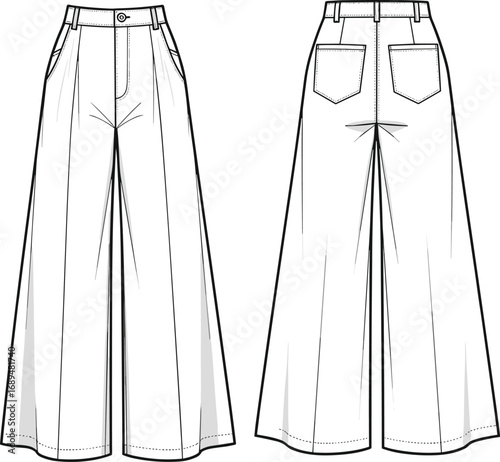 Wide leg high waist trouser flat sketch, front and back technical fashion drawing, vector illustration template, pants design CAD.