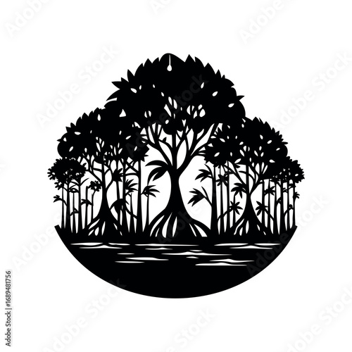 Monochrome silhouette depiction of a mangrove forest growing in a serene aquatic environment