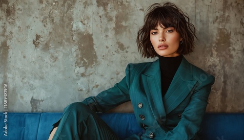 a striking woman with tousled dark hair poses in a teal power suit against a textured wall.