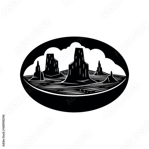 Monochrome landscape of the desert with mesas under a cloudy sky art
