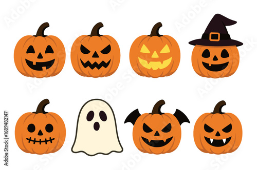 Cartoon halloween pumpkins and ghost with various expressions and accessories