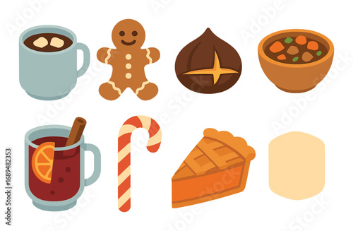 Warm winter treats: hot chocolate, gingerbread, chestnut, stew, mulled wine, candy cane, pie, marshmallow