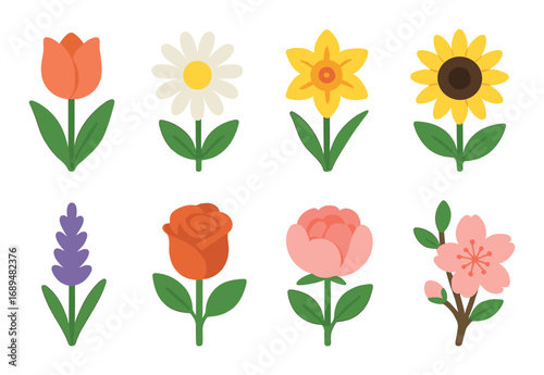 Colorful cartoon flowers illustration with eight varieties on green background