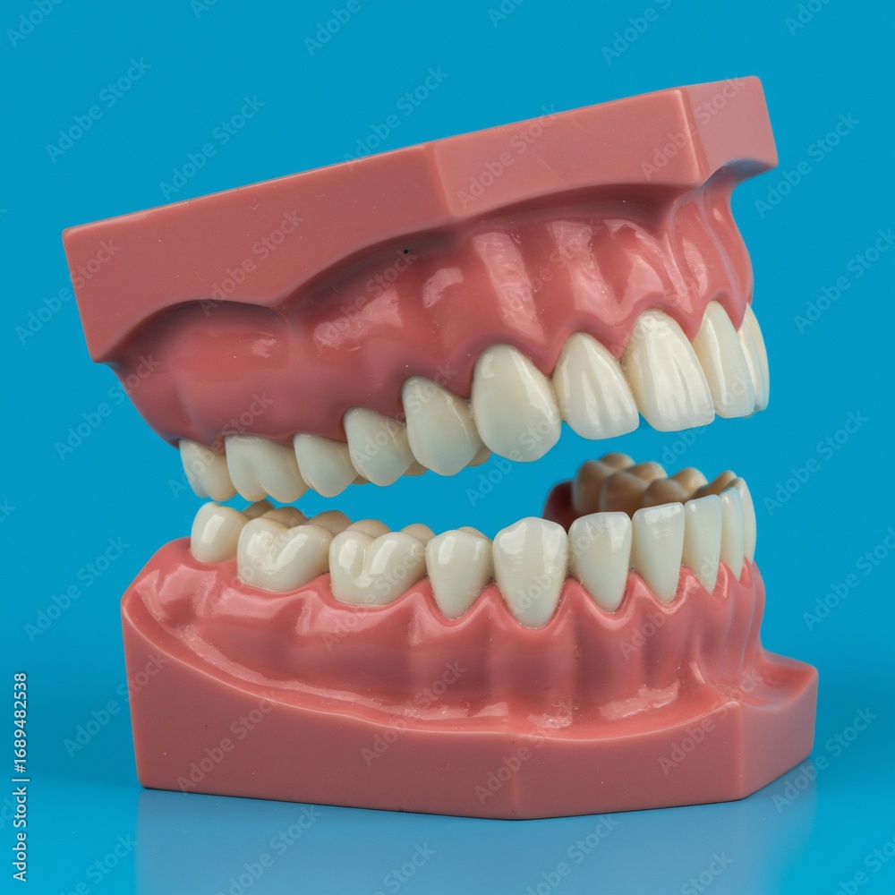 Obraz premium Dental model showing healthy teeth and one decayed tooth against a bright blue background