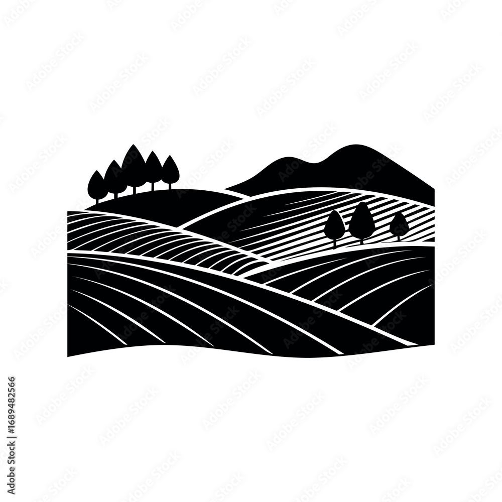 Fototapeta premium Monochrome landscape of terraced hills with trees and mountain range in background