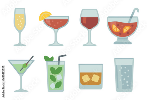 Collection of cocktail and beverage glasses with vibrant colors and garnishes