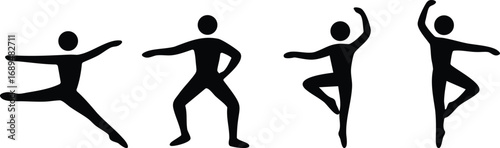 Stickman ballet dancer silhouettes performing graceful ballet and contemporary dance poses for choreography and stage art design